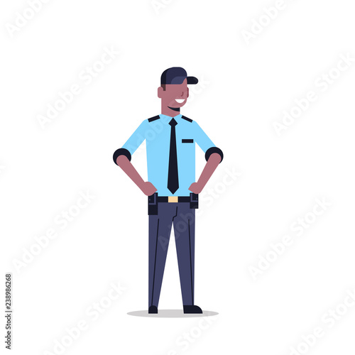 african american security guard man in uniform police officer male cartoon character full length flat isolated