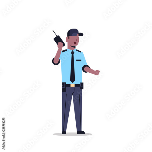 african american security guard man in uniform holding radio police officer speaking walkie talkie male cartoon character full length flat isolated
