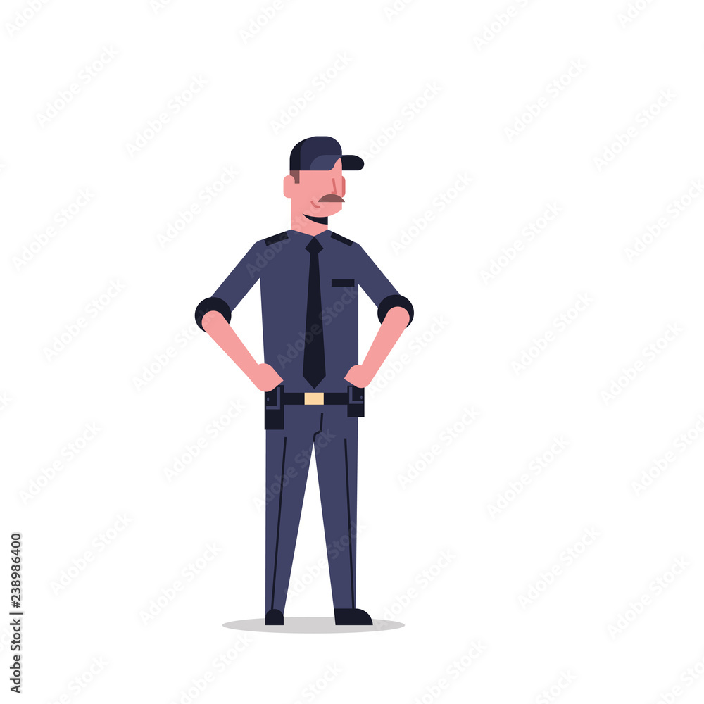 security guard man in black uniform police officer male cartoon character full length flat isolated