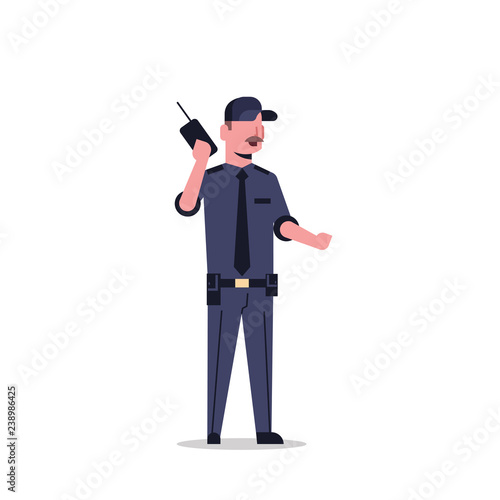 security guard man in black uniform holding radio police officer speaking walkie talkie male cartoon character full length flat isolated