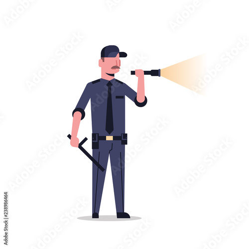 security guard man in black uniform holding flashlight baton police officer shining flash light male cartoon character full length flat isolated