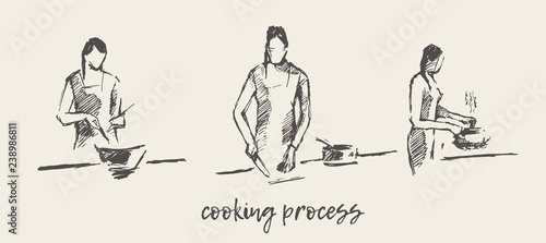 Young women cooking kitchen drawn vector sketch
