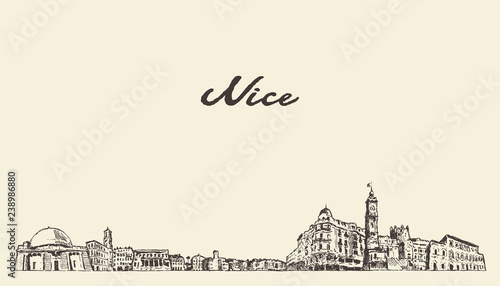 Nice skyline France vintage sketch drawn city