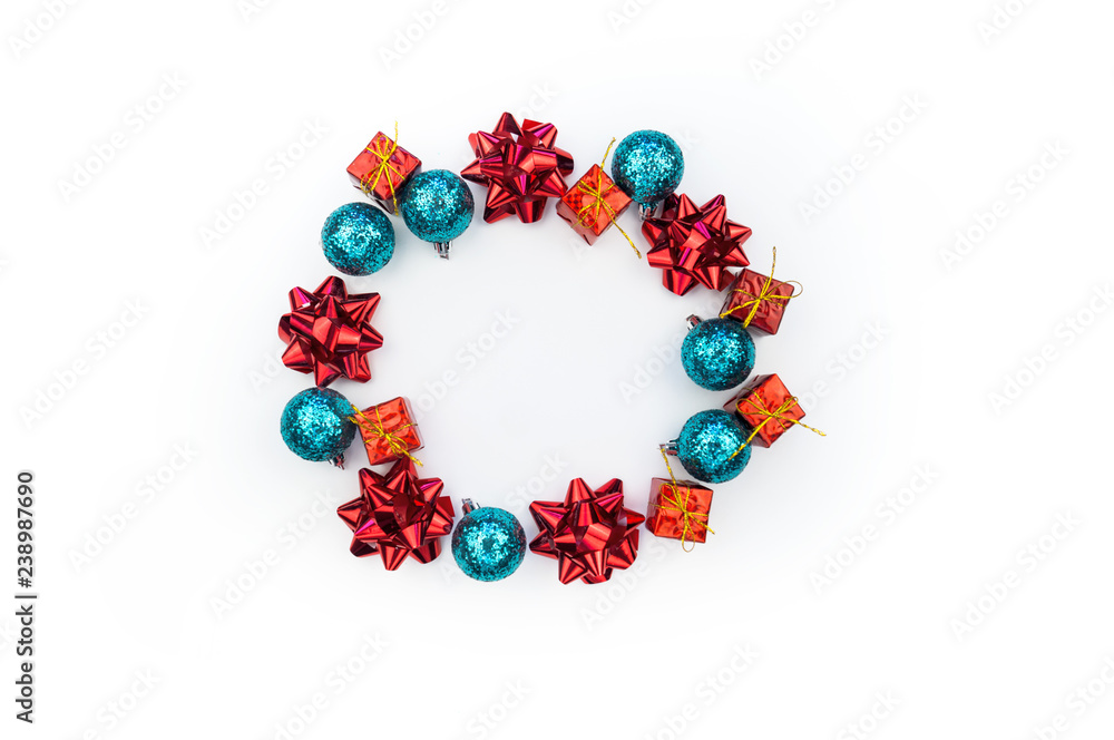round frame made of christmas decoration on white background with copy space for text