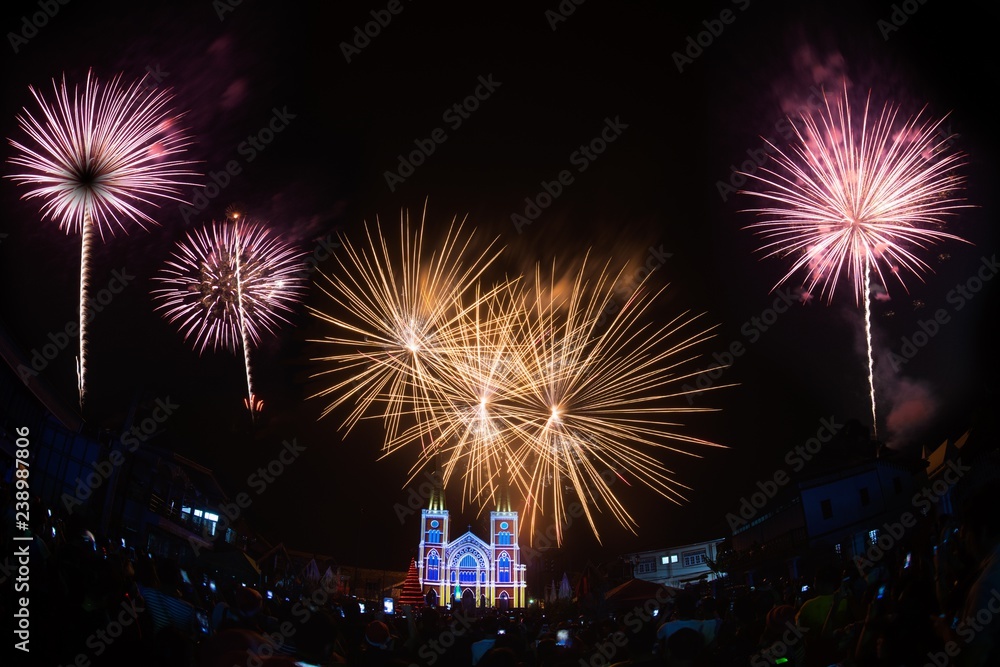 View of Christmas Fireworks over The Cathedral of the Immaculate Conception in Chanthaburi , Thailand. View of Christmas Fireworks over The Cathedral of the Immaculate Conception in Chanthaburi , Thailand.