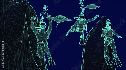 illustration of an underwater scene with scuba divers and fish in a reef