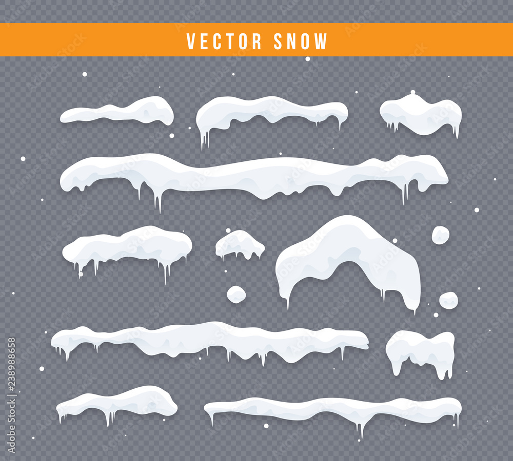 Snow caps, snowballs and snowdrifts set. Snow cap vector collection. Winter decoration element. Snowy elements on winter background. Cartoon template. Snowfall and snowflakes in motion. Illustration.