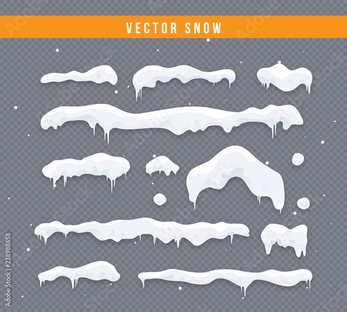 Obraz na płótnie Snow caps, snowballs and snowdrifts set. Snow cap vector collection. Winter decoration element. Snowy elements on winter background. Cartoon template. Snowfall and snowflakes in motion. Illustration. w salonie