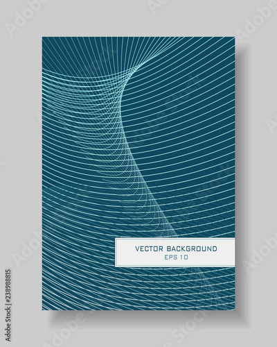 Cover template of line art design. Abstract light lines pattern on dark teal background. Sci-tech wavy vector layout A4 with text box for book, brochure, portfolio, poster, booklet. EPS10 illustration photo