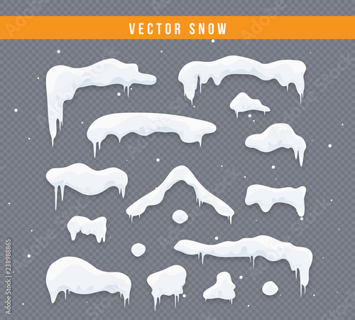 Snow caps, snowballs and snowdrifts set. Snow cap vector collection. Winter decoration element. Snowy elements on winter background. Cartoon template. Snowfall and snowflakes in motion. Illustration.