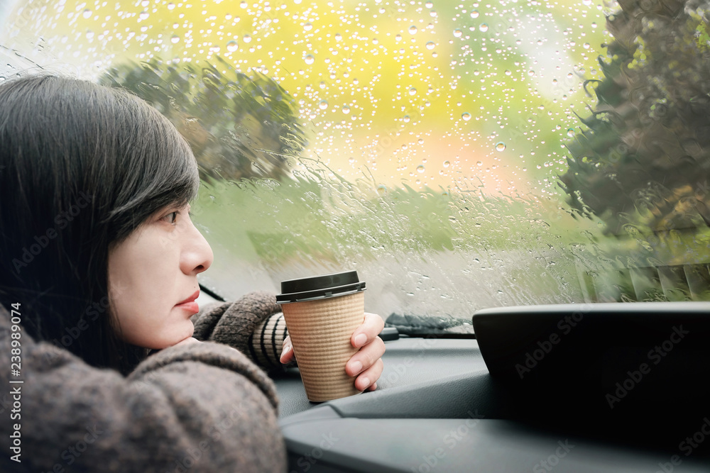Female Pouring the Hot Tea in Tourist Thermos Mug. she Sitting on Co-driver  Seat Inside Modern Car, Enjoying the Moody Rainy Day Stock Image - Image of  relaxing, pouring: 196210855