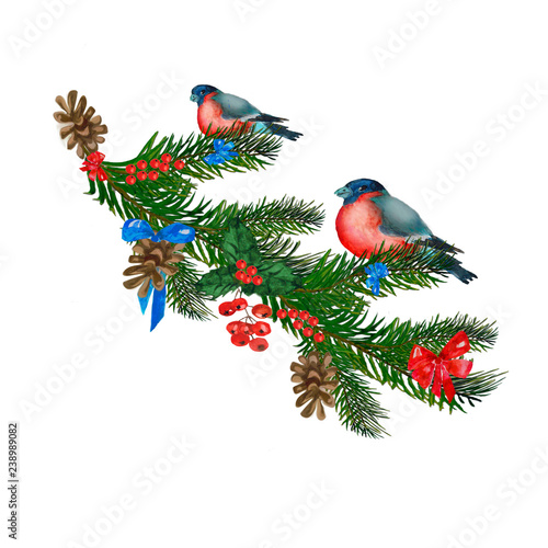 Christmas ornaments made of fir branches, green holly, red berries and bows, pine cones and bullfinch birds. Hand beautiful design for the New Year. © Любовь Анохина