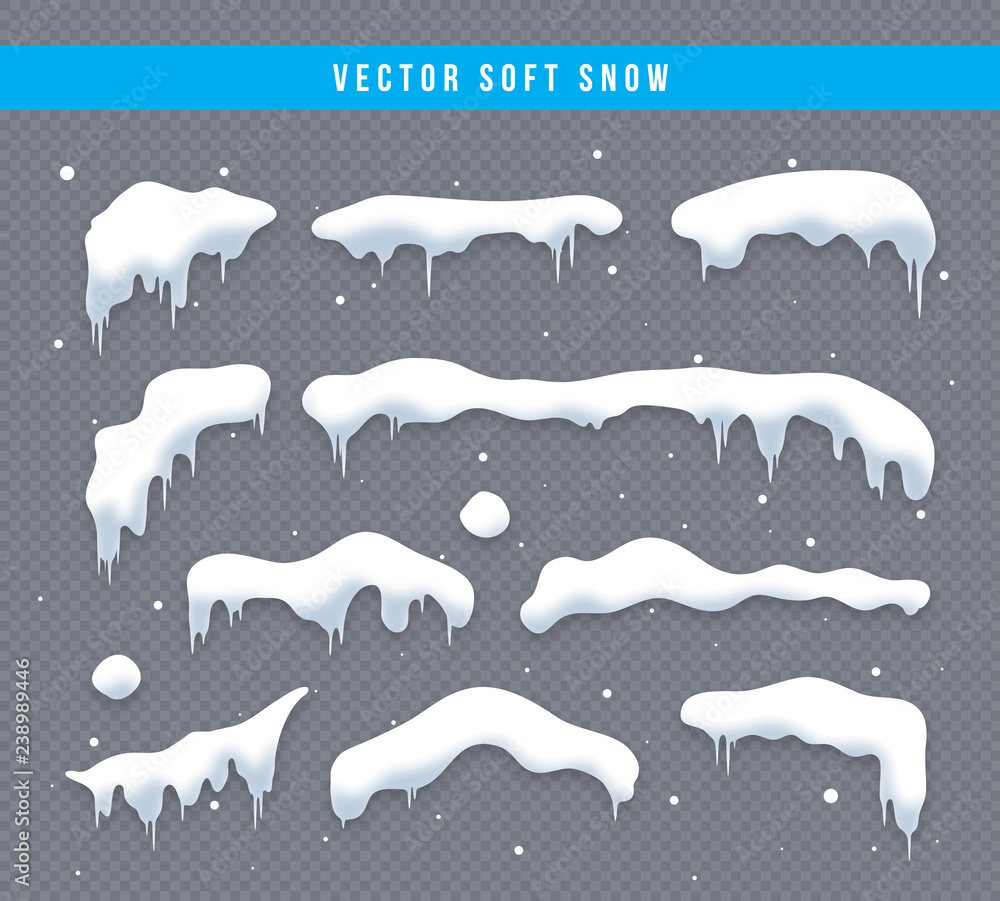 Snow caps, snowballs and snowdrifts set. Snow cap vector collection. Winter decoration element. Snowy elements on winter background. Cartoon template. Snowfall and snowflakes in motion. Illustration.