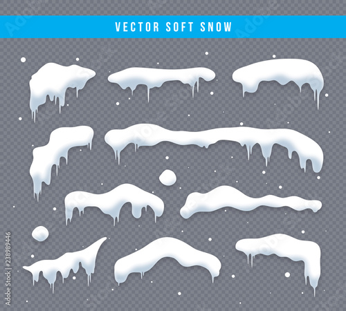 Obraz na płótnie Snow caps, snowballs and snowdrifts set. Snow cap vector collection. Winter decoration element. Snowy elements on winter background. Cartoon template. Snowfall and snowflakes in motion. Illustration. w salonie
