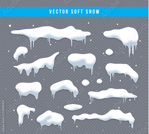 Obraz na płótnie Snow caps, snowballs and snowdrifts set. Snow cap vector collection. Winter decoration element. Snowy elements on winter background. Cartoon template. Snowfall and snowflakes in motion. Illustration. w salonie
