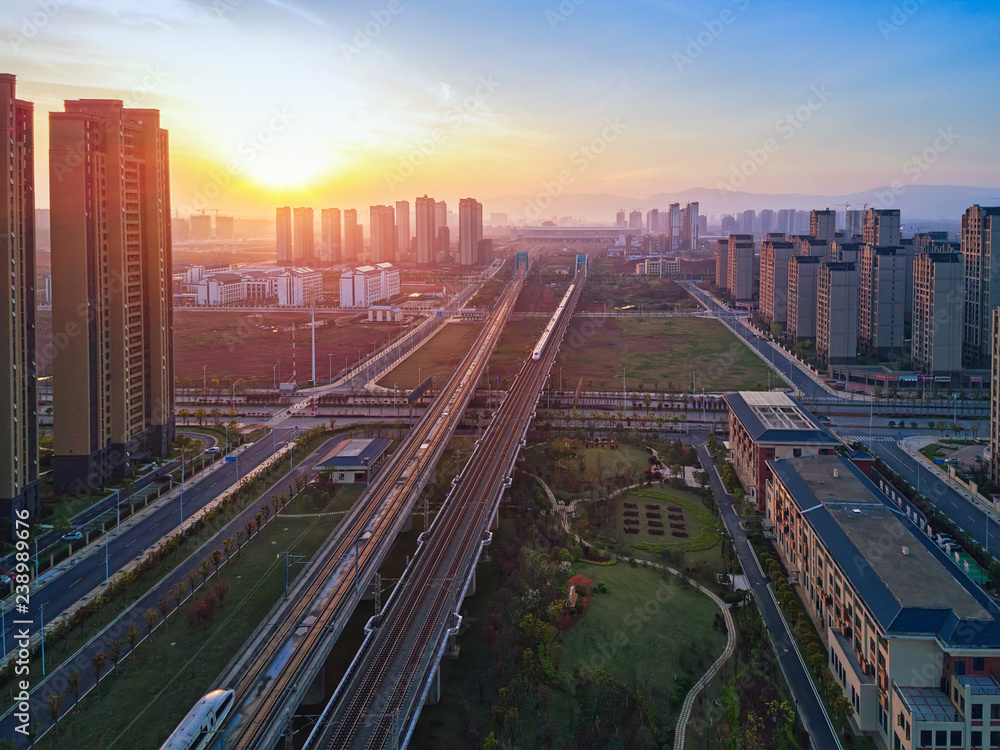 China, modern city scenery, high speed train.