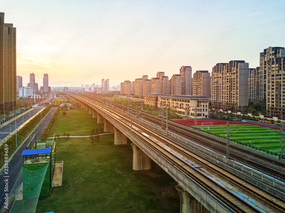 China, modern city scenery, high speed train.