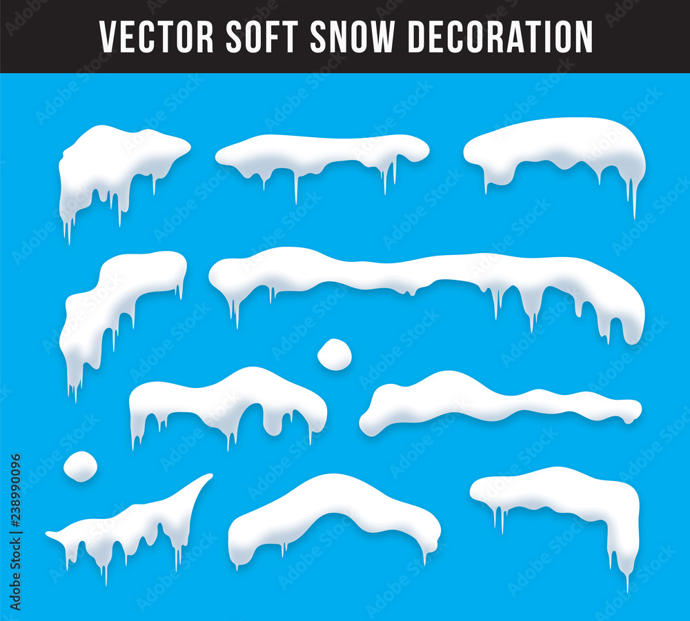 Snow caps, snowballs and snowdrifts set. Snow cap vector collection. Winter decoration element. Snowy elements on winter background. Cartoon template. Snowfall and snowflakes in motion. Illustration.