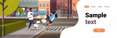tired business woman running crosswalk pushing man with coffee cup city street road buildings background horizontal flat