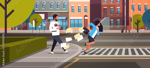 tired business woman running crosswalk pushing man with coffee cup city street road buildings background horizontal flat
