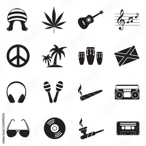 Reggae Icons. Black Flat Design. Vector Illustration. 