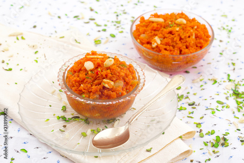 Indian Popular Sweet Food Carrot Halwa Also Know as Gajar ka Halwa, Carrot Dessert, Carrot Halva or Gajrela is a Carrot-Based Sweet Dessert Pudding From India photo