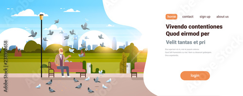 senior man feeding flock of pigeon sitting wooden bench urban city park cityscape background horizontal flat copy space