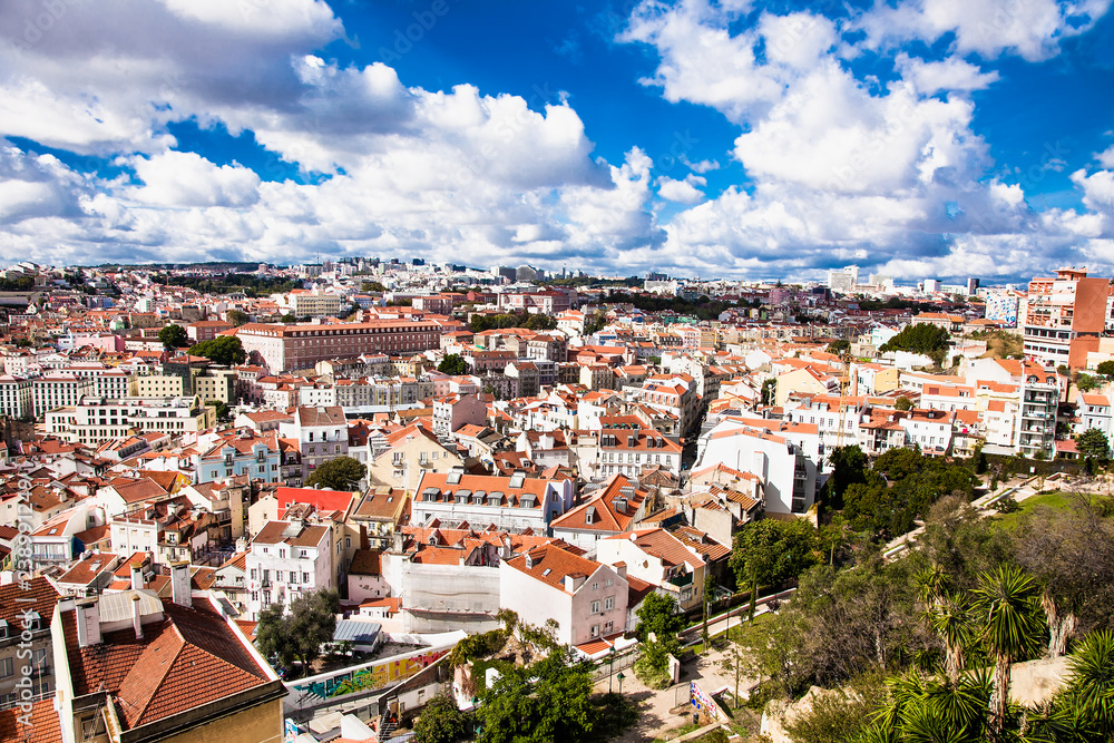 Aerial view of the Lisbon old town center with main streets and squares . Portugal.