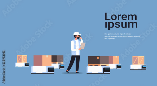 man engineer controlling robot car delivery product factory automation production concept horizontal copy space
