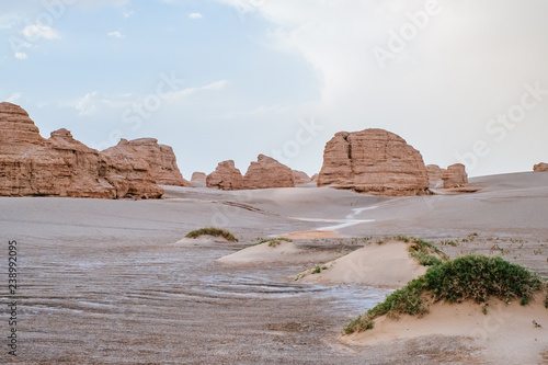 Yardang rocks in gobi desert in Dunhuang Yardang National Geopark, Gansu, China photo