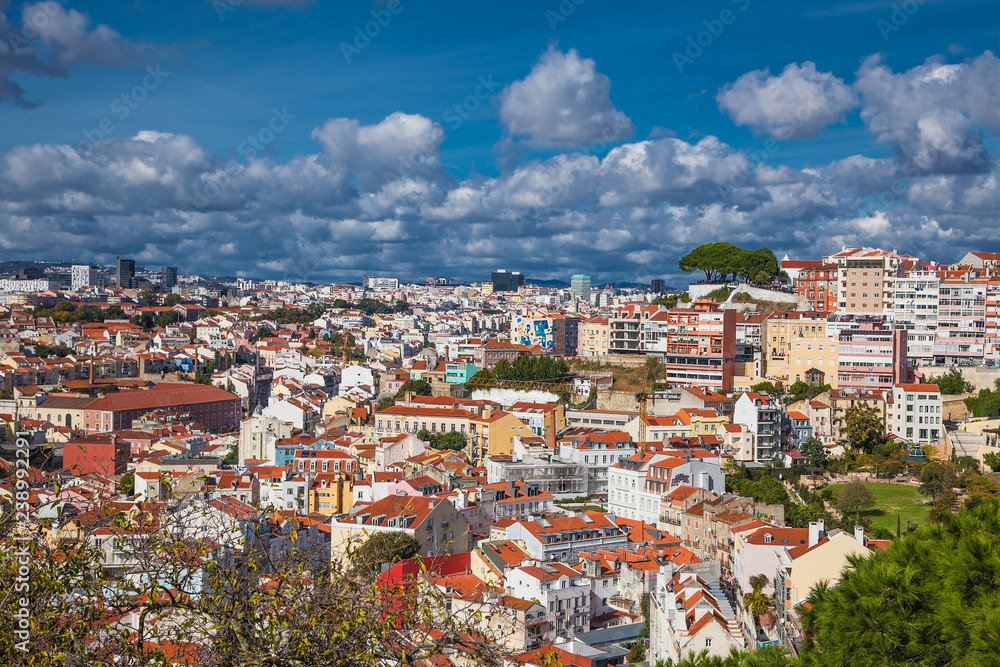 Aerial view of the Lisbon old town center with main streets and  squares . Portugal.