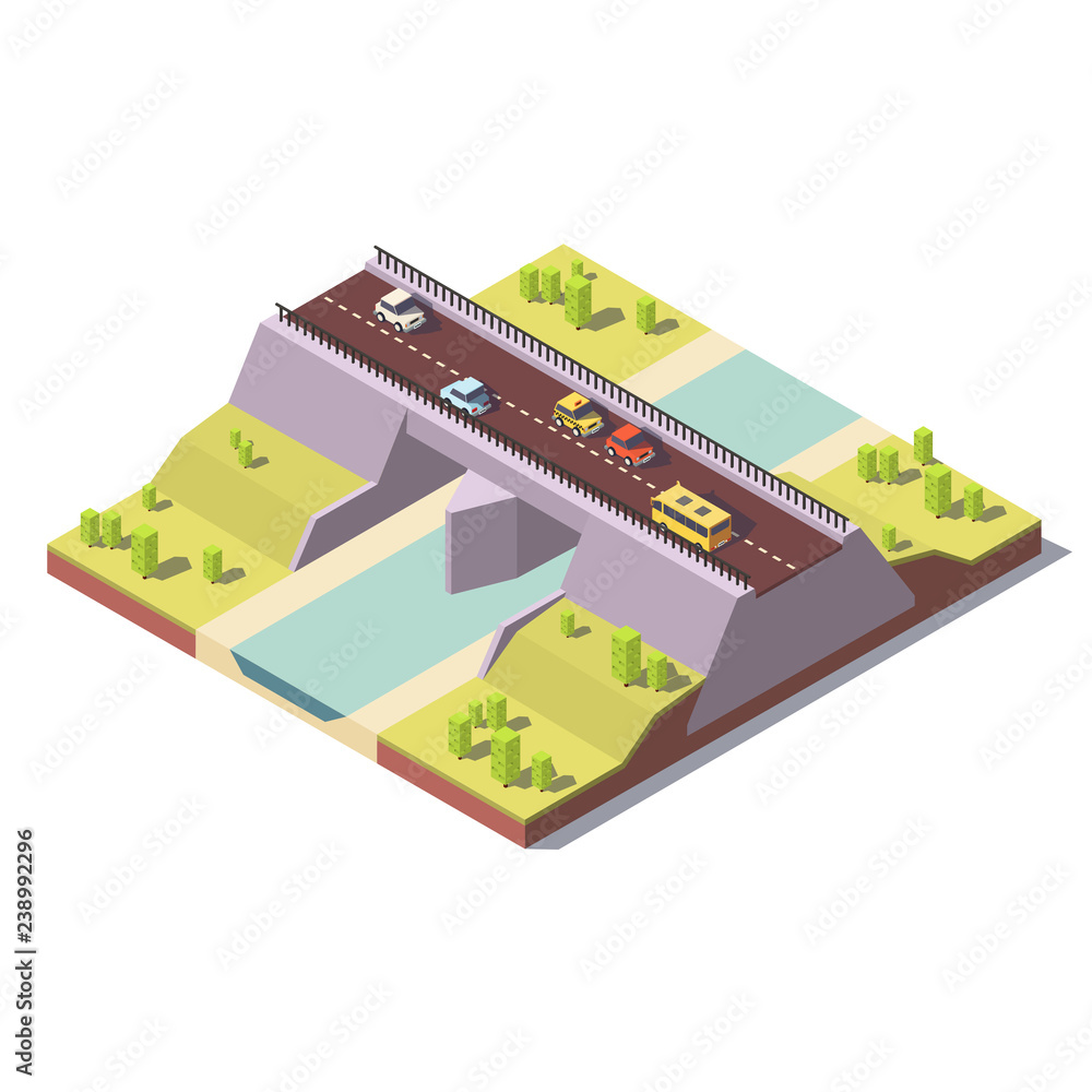 Low poly cars and bus driving on the bridge over the river. Vector isometric icon or infographic element. 