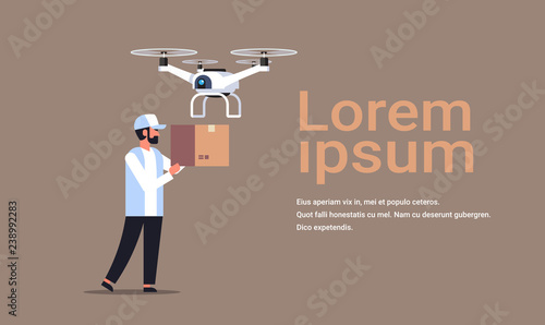 man courier send parcel drone air delivery modern logistic system fast shipping concept cargo copter mail service horizontal copy space