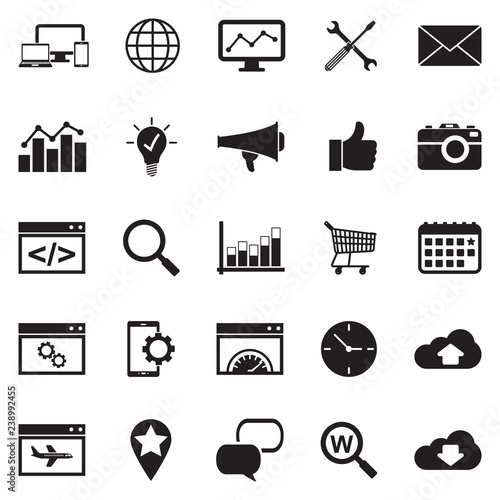 Search Engine Optimization Icons. Black Flat Design. Vector Illustration.