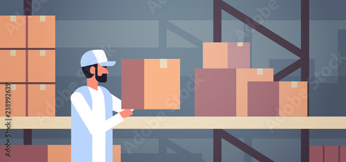 storekeeper warehouse worker puts cardboard box on shelf man courier collects parcels storehouse interior male cartoon character portrait flat horizontal