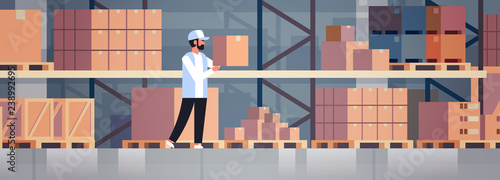 storekeeper warehouse worker puts cardboard box on shelf man courier collects parcels storehouse interior male cartoon character full length flat horizontal banner