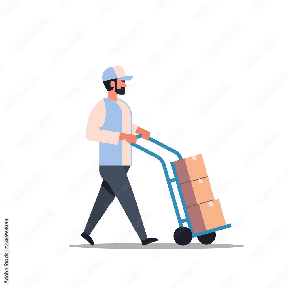 delivery man rolling cardboard box cargo trolley pushcart courier carrying parcels on hand truck warehouse worker male cartoon character full length flat isolated