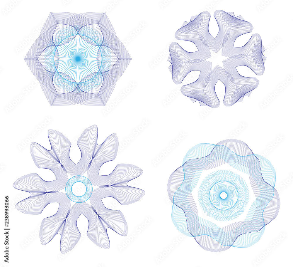 Vector guilloche rosette set in blue and ulyramarine colors. Symbol for document protection in bank, diploma, award, money, voucher, check design Vector guilloche rosette set in blue and ulyramarine colors. Symbol for document protection in bank, diploma, award, money, voucher, check design