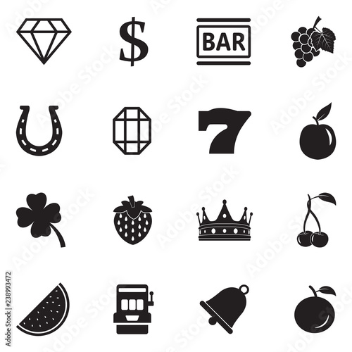 Slot Machine Icons. Black Flat Design. Vector Illustration.