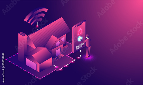 Smart home connected and control with technology devices through internet network, Internet of things background.