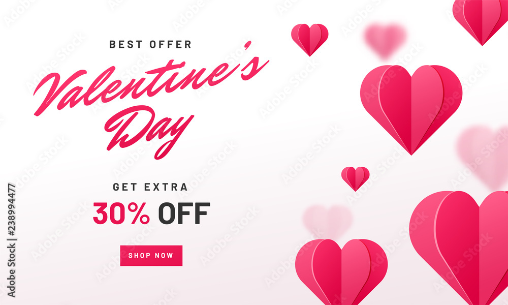 Happy valentine's day sale banner with pink paper hearts.