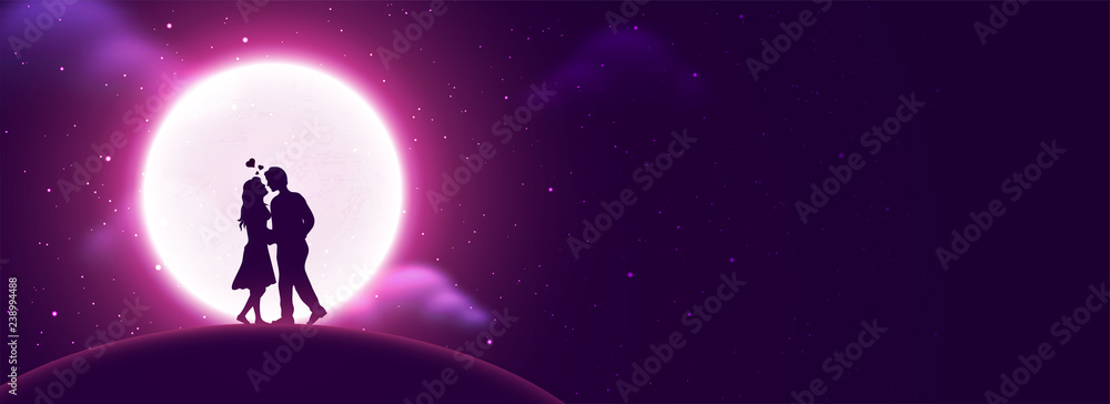 Young couple in love, full moon night background. Love Banner.