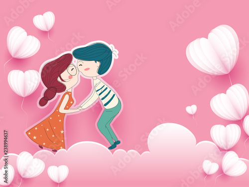 Cute couple in love on the sky, paper heart shapes and cloud. Happy Valentine's Day Background.