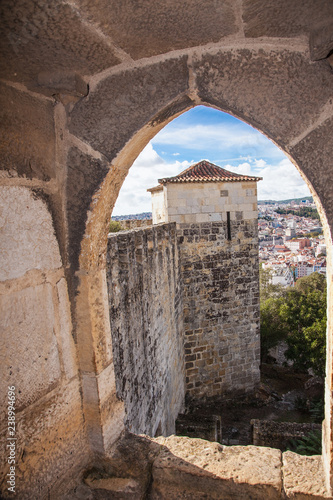 Tower of the Sao Jorge castel and panorama view of Lisbon, Portugal.