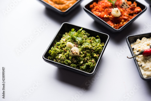Group of Indian Chutneys includes coconut, Peanut, green and red chilly, garlic and pudina served in small square shape bowls. selective focus
