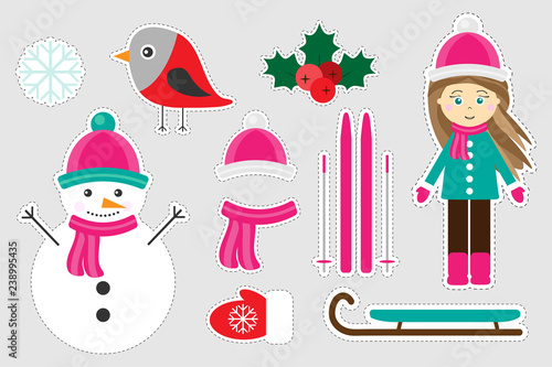 Different colorful winter christmas pictures for children, fun education game for kids, preschool activity, set of stickers, vector illustration