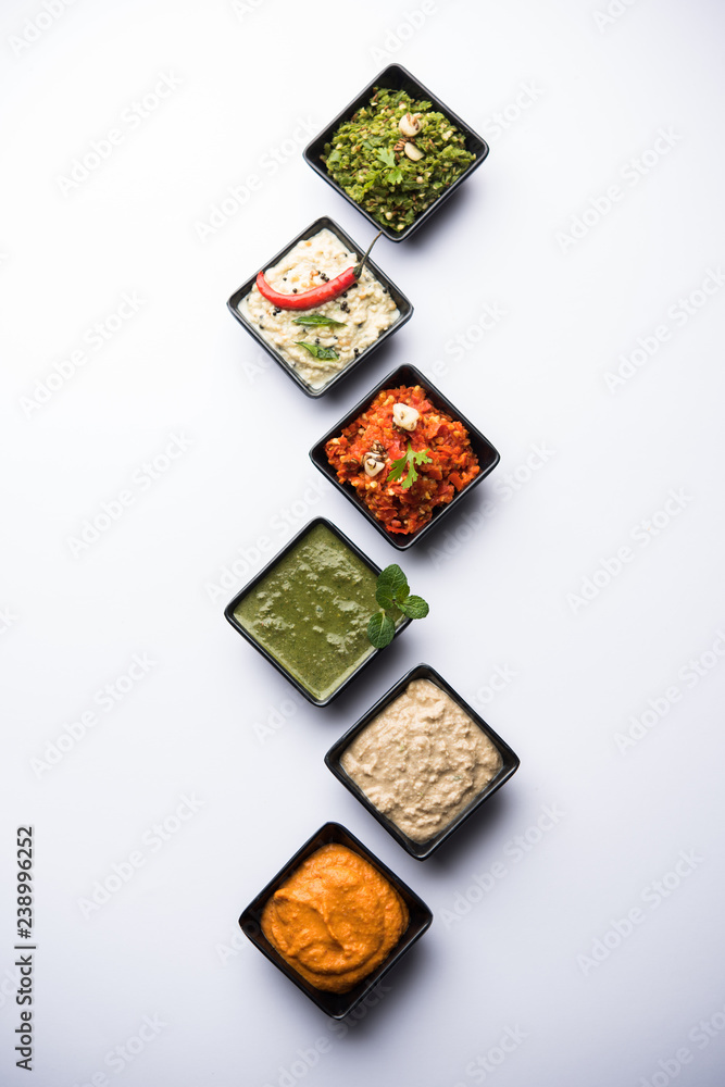 Group of Indian Chutneys includes coconut, Peanut, green and red chilly, garlic and pudina served in small square shape bowls. selective focus Group of Indian Chutneys includes coconut, Peanut, green and red chilly, garlic and pudina served in small square shape bowls. selective focus