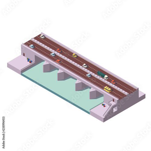 Low poly cars, truck and bus driving on the two side way bridge over the river. Vector isometric icon or infographic element. 
