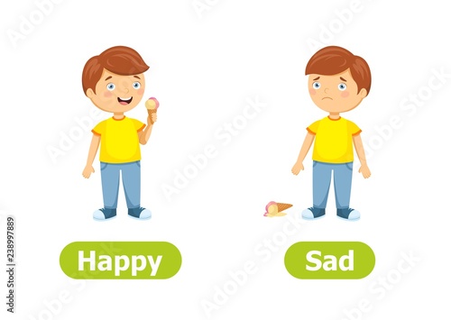 Vector antonyms and opposites. Happy and Sad. Cartoon characters illustration on white background. Card for teaching aid, for a foreign language learning.
