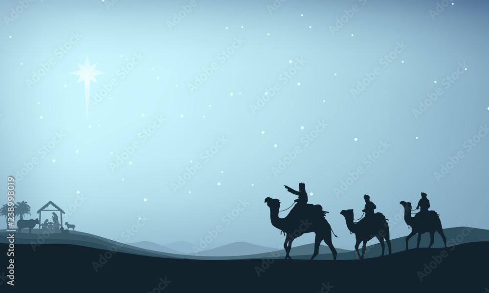 Christian Christmas Nativity Scene of baby Jesus in the manger with Mary and Joseph in silhouette surrounded by animals and the three wise men magi with the city of Bethlehem in the distance Christian Christmas Nativity Scene of baby Jesus in the manger with Mary and Joseph in silhouette surrounded by animals and the three wise men magi with the city of Bethlehem in the distance